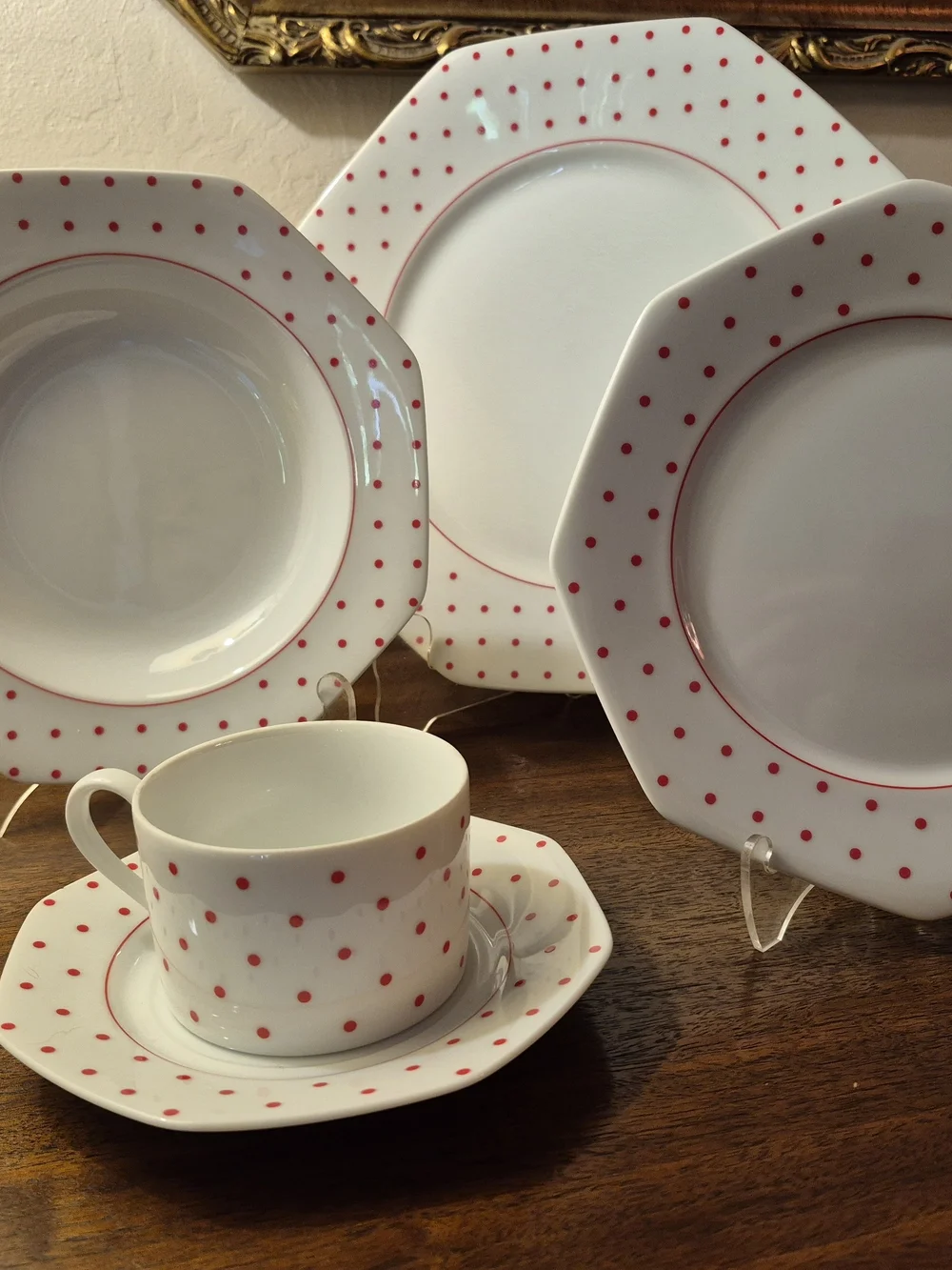 Mikasa White Porcelain Dinnerware with Red Polka Dot Accents